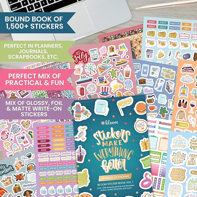 bloom daily planners 40 Page Mega Planner Sticker Pack (1500+ Stickers) - 6” x 9” Bound Ultimate Variety Sticker Book with Foil - Seasons, Celebrations, Holidays, Food, Travel, Quotes & More - Vol. 1