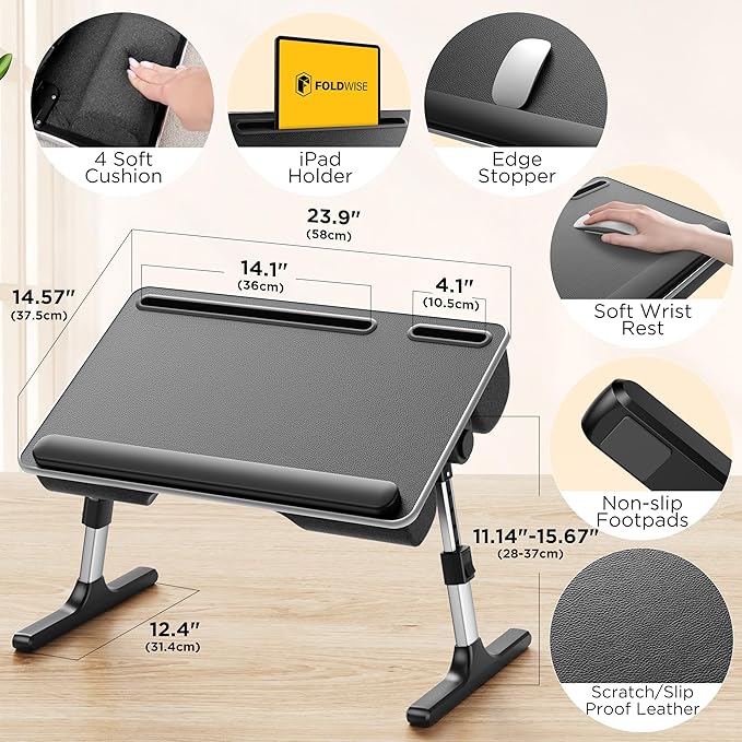 FoldWise 2-in-1 Lap & Bed Desk with Soft Cushions - Adjustable Height & Angle, Foldable Laptop Stand for Bed & Couch - Wrist Rest, iPad Holder, Stopper & Non-Slip Leather - Bed Table for Adults & Kids
