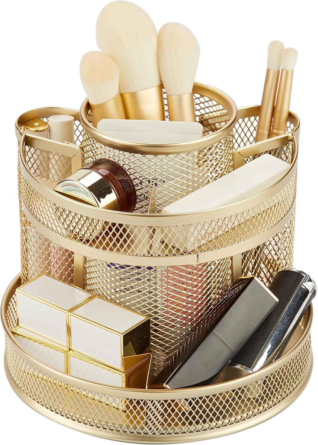 Annova Mesh Desk Organizer Rotate with 5 Compartments Round Spinning Tidy Candy/Pen Holder Desk Accessories Office, Art Supply, Storage, Classroom, Home (Gold)