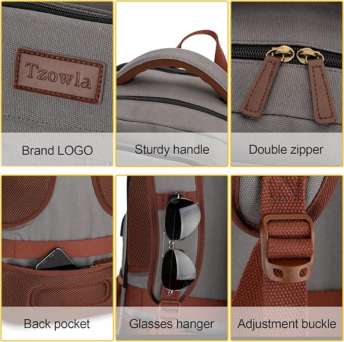 Tzowla Canvas Laptop Backpack, Bag for Men Women,Travel Work Rucksack Fits 15.6 Inch Laptop, Bookbag with USB Charging Port