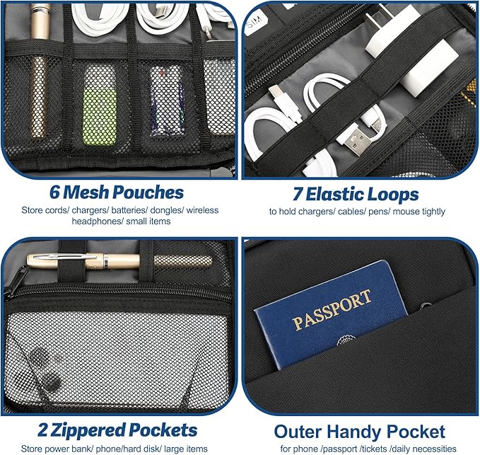 Electronic Organizer Travel Case, All-in-One Portable Cable Organizer Bag for Storage, Tech Organizer Travel Accessories for Cables, Chargers, Power Bank, Flash Drive,SD Card
