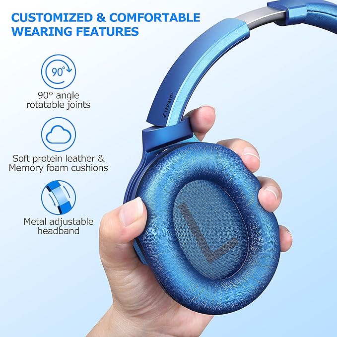 ZIHNIC Active Noise Cancelling Headphones, 40H Playtime Wireless Bluetooth Headset with Deep Bass Hi-Fi Stereo Sound,Over-Ear Headphone,Comfortable Earpads for Travel/Home/Office (Blue)