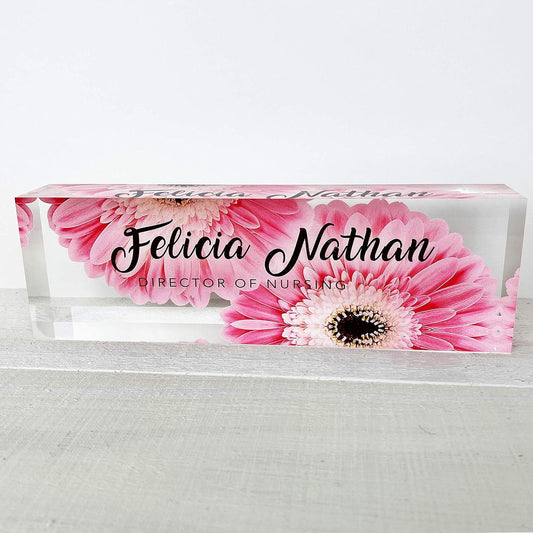Artblox Office Desk Name Plate Personalized | Custom Name Plates for Desks | Pink Daises Design On Clear Acrylic Glass | Office Desk Decor - (8" x 2.5")