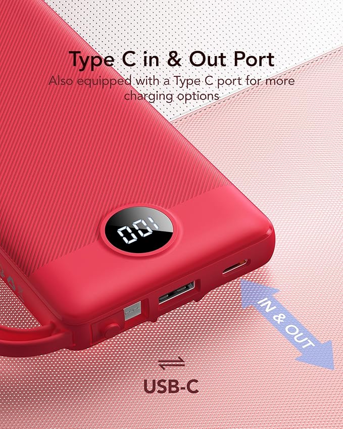 VRURC Portable Charger, 10000mAh Power Bank Built in Cables for iPhone, Slim Compact Travel Essentail, 5 Outputs 2 Inputs USB C Battery Pack for iPhone 16 15 14 13, Samsung, Android etc-Red