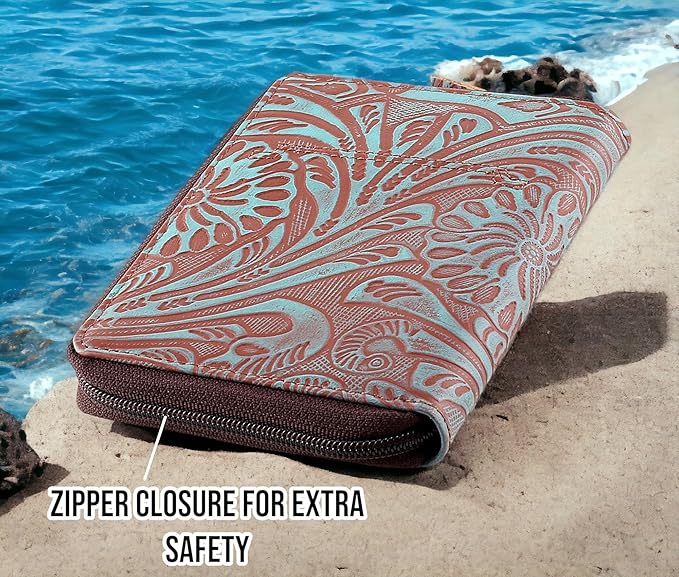 Passport Wallet - Travel Document Holder w/RFID Blocking – Full Grain Leather – Bifold compact zip around Wallet with Credit Card Slots for Women and Men,Turquoise floral,500-50