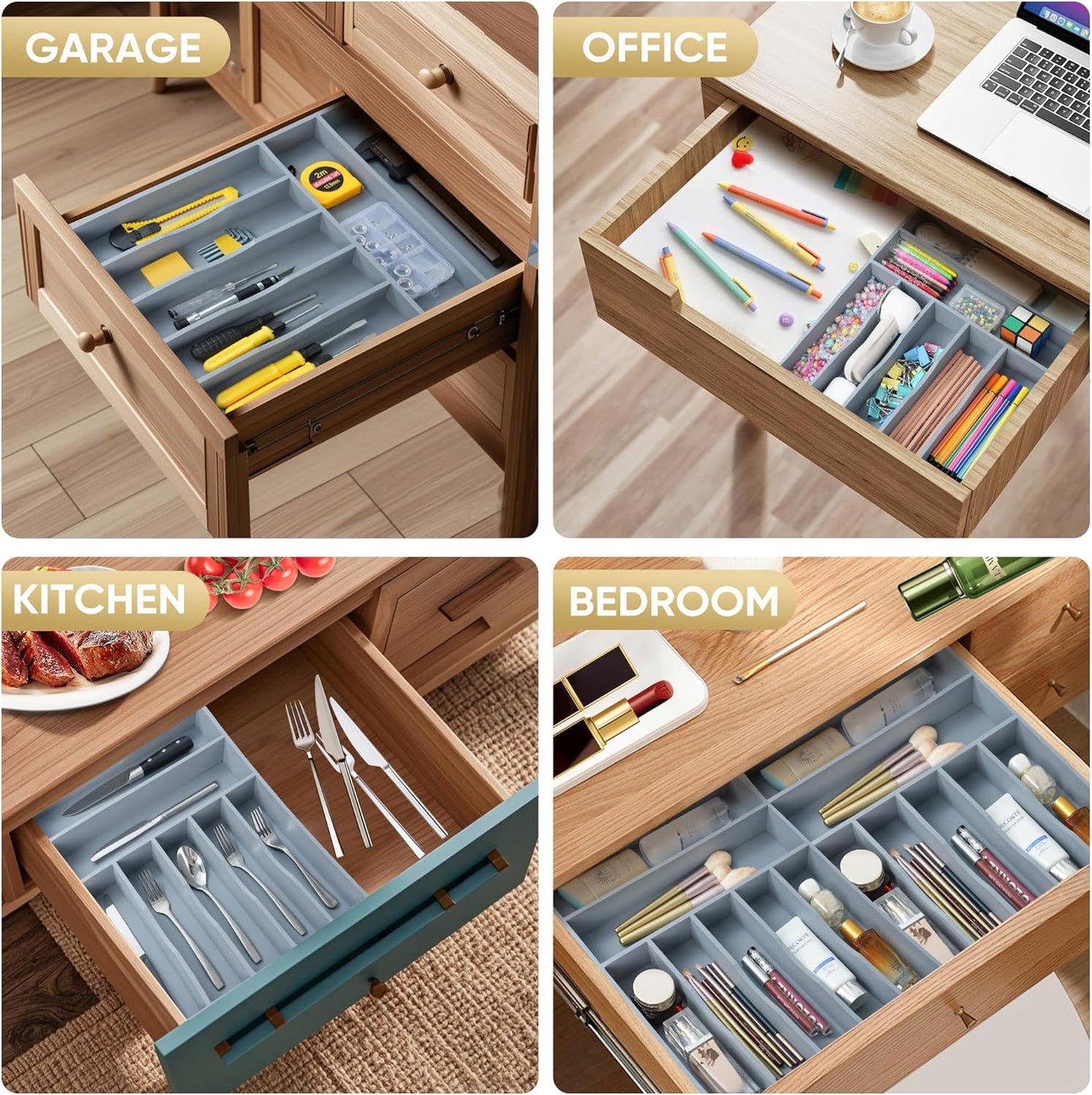 Silverware Organizer, 12.5 Inch Utensil Organizer Kitchen Drawer Organizer Bamboo Silverware Holder Cutlery Tray Organizer in Drawer Flatware Organizer Tray(7 slots, Gray）