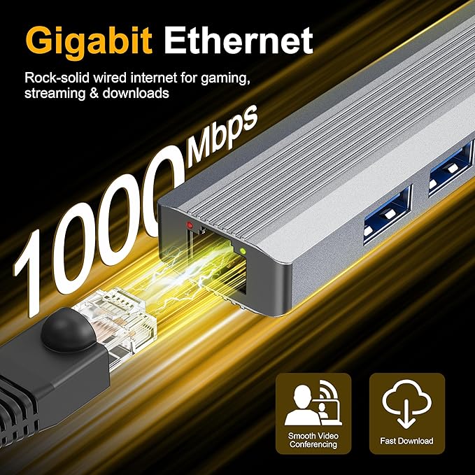 5-in-1 USB C Hub Adapter with Gigabit Ethernet, 2X USB 3.0 Ports, 2X USB C Data Ports, for Windows MacOS Linux Computers and Laptops