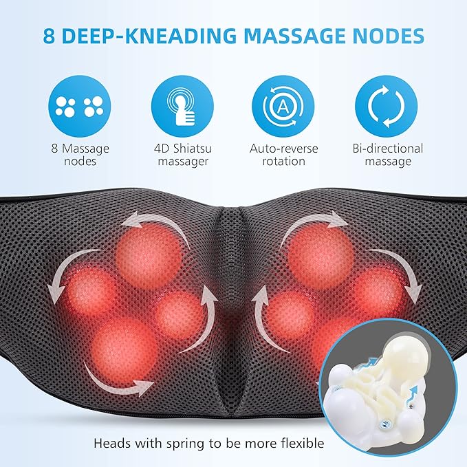 CooCoCo Shiatsu Neck Massager -4D Kneading Back Massager with Heat, Birthday Gifts for Dad/Women/Men, Deep Kneading Electric Massage Pillow, Massagers for Back and Neck Shoulder, Gifts for Christmas