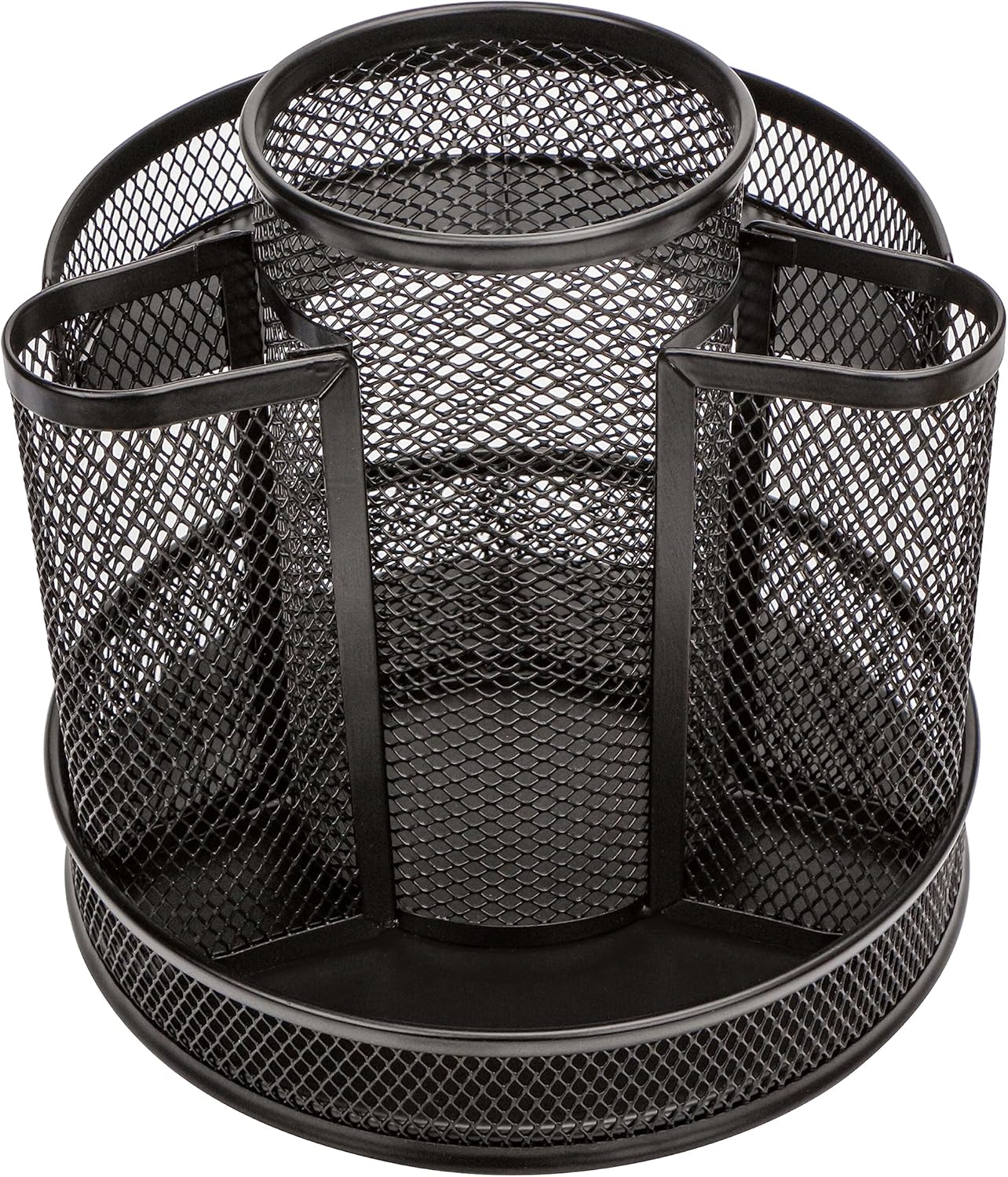 Annova Mesh Desk Organizer Rotate with 5 Compartments Round Spinning Tidy Candy/Pen Holder Desk Accessories Office, Art Supply, Storage, Classroom, Home (Black)