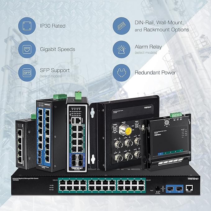 TRENDnet 16-Port Hardened Industrial Unmanaged Gigabit DIN-Rail Switch, TI-G162, 14 x Gigabit Ports, 2 x Gigabit SFP Slots,32Gbps Switching Capacity, IP30 Ethernet Network Switch, Lifetime Protection