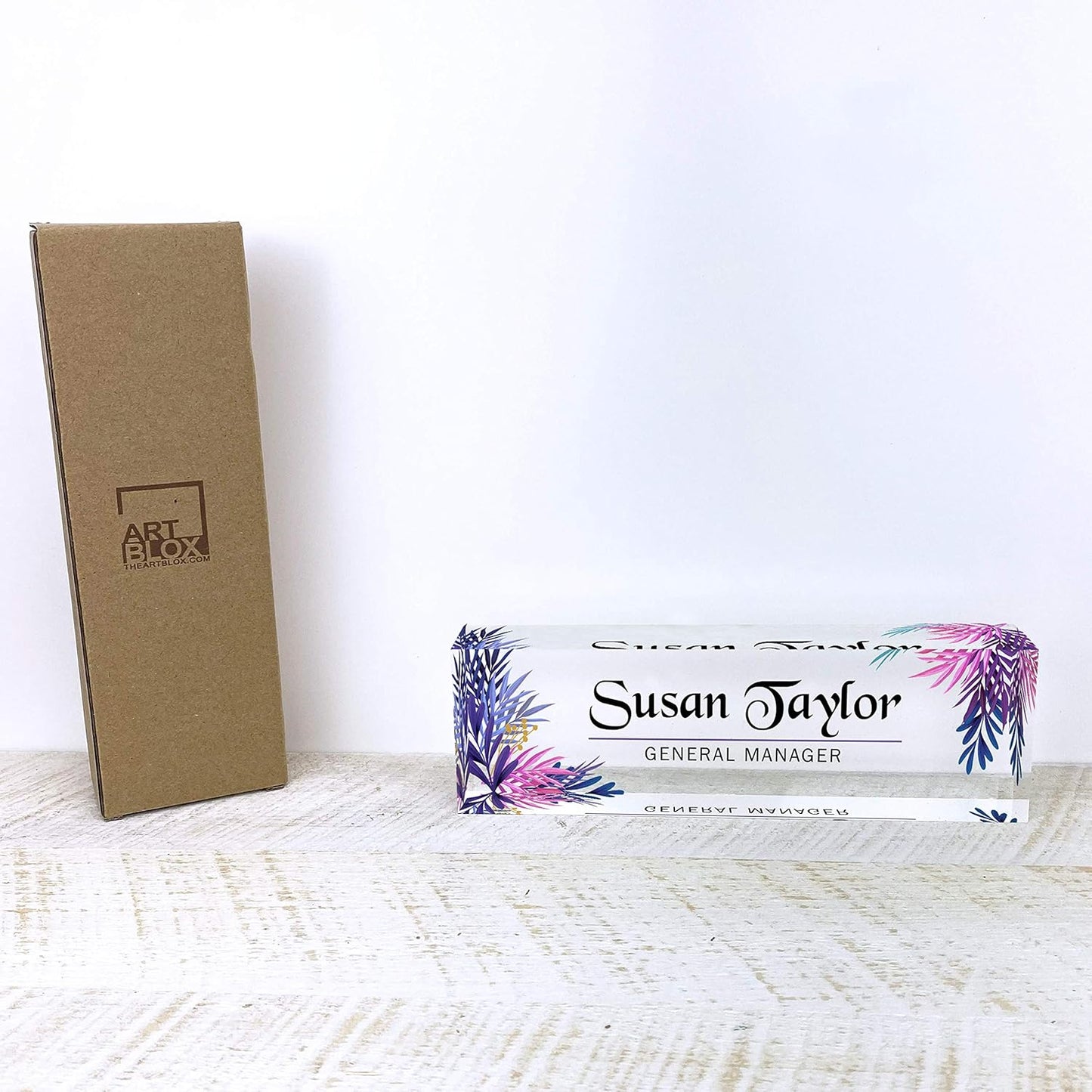 Artblox Office Desk Name Plate Personalized | Custom Name Plates for Desks | Leaf Purple Design On Clear Acrylic Glass | Office Desk Decor - (8" x 2.5")