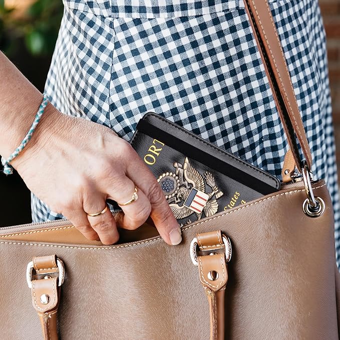 TOURSUIT RFID Blocking Passport Holder for Women Men, Leather Passport Travel Wallet with Metal 3D Metal Badge, Travel Document Holder Cover Accessories (Black)