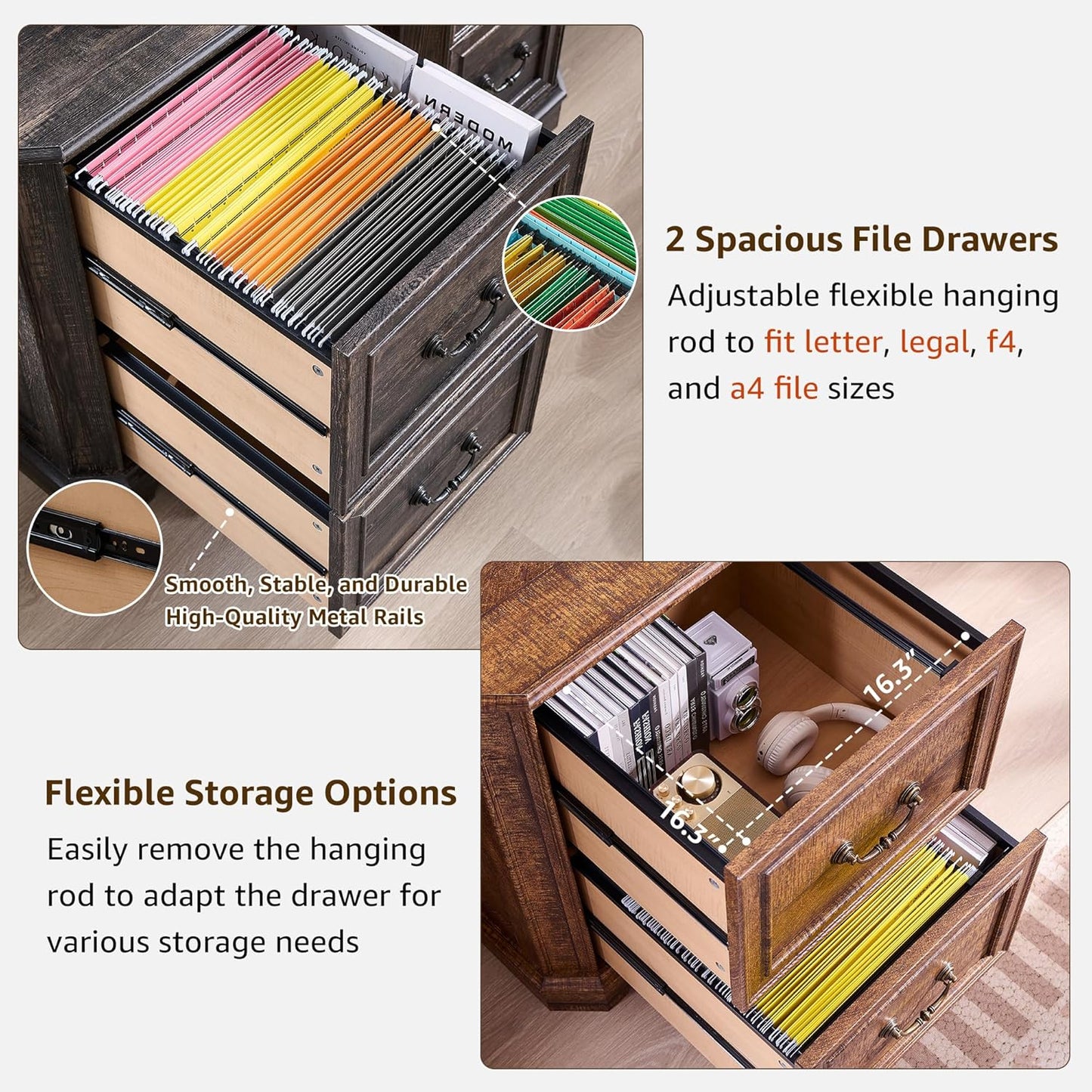 T4TREAM 6-Tier Bookcase with 2 File Drawers, 72" Tall Farmhouse Bookshelf with Storage & Adjustable Shelves, Wooden Floor Standing Display Book Shelf Organizer for Home Office, Reclaimed Barnwood