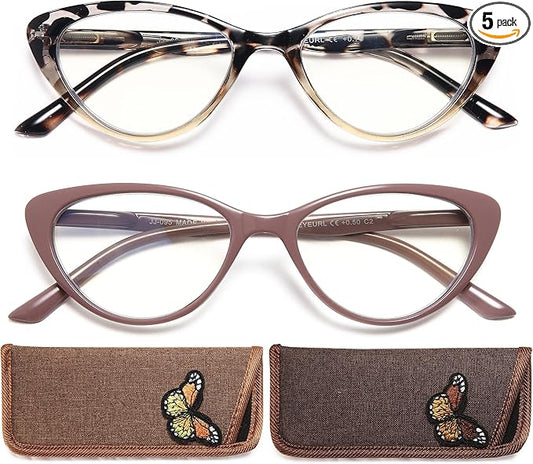 EYEURL Cat Eye Reading Glasses for Women 2 Pair Blue Light Blocking Readers 2.00 Comfort Spring Hinge Lightweight Eyeglasses Anti Glare for Ladies