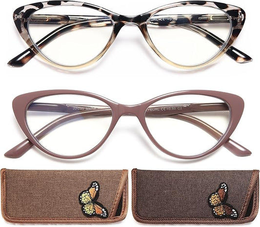 EYEURL Cat Eye Reading Glasses for Women 2 Pair Blue Light Blocking Readers 0.75 Comfort Spring Hinge Lightweight Eyeglasses Anti Glare for Ladies