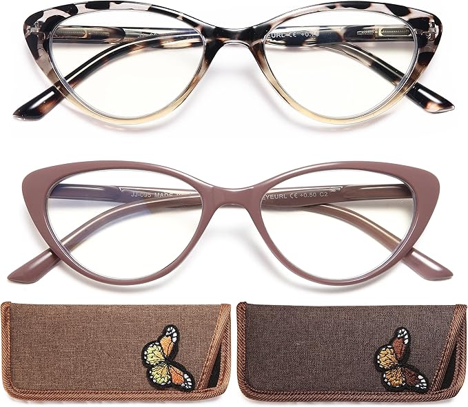 EYEURL Cat Eye Reading Glasses for Women 2 Pair Blue Light Blocking Readers 1.00 Comfort Spring Hinge Lightweight Eyeglasses Anti Glare for Ladies
