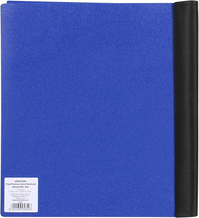 Mintra Office Durable PREMIUM Spiral Notebook, ((Blue, 3 Subject, 8.5in x 11in)), Fabric Covered Coils, No Snags, Removable Adjustable Pocket Dividers, Ruler, Organization, Customizable