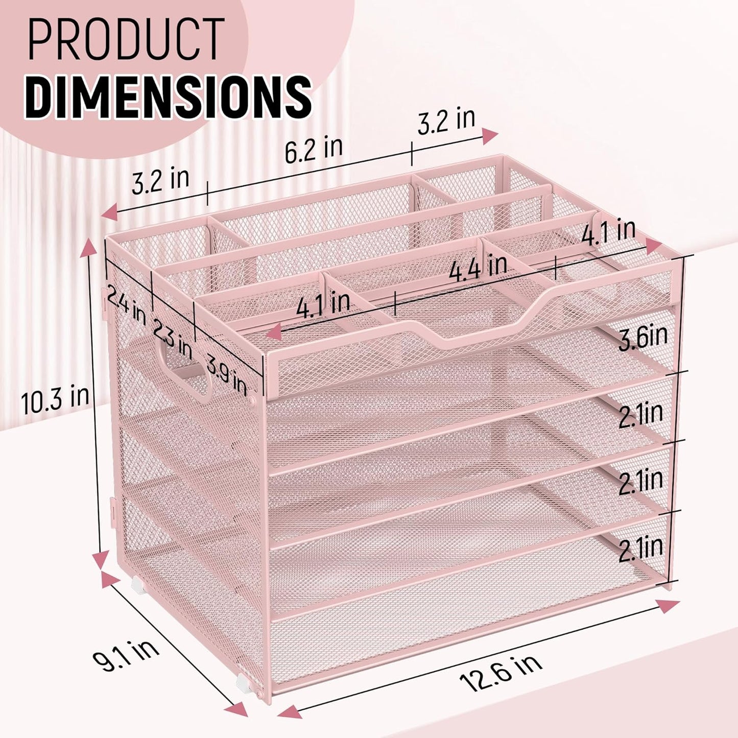 Docnest 5 Tier Mesh Desk Organizer- Letter Tray with Adjustable Compartments, Mesh Desktop Storage Built in Pen Holder and Handles, Desk Organizer Tray for Mail Documents Office Supplies–Pink