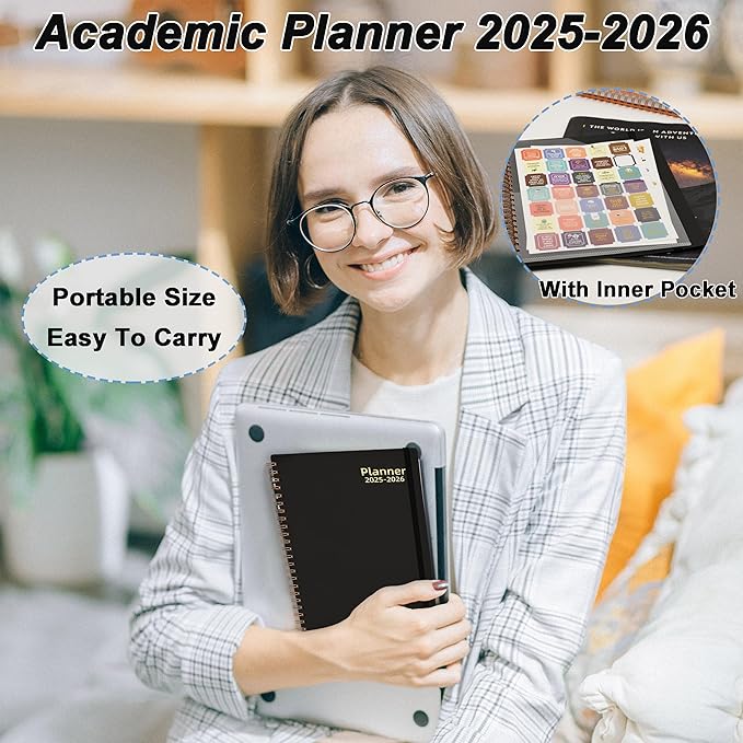 Daily Planner 2025-2026, Jul.2025-Jun.2026, 6.2" x 8.4", 2025 Planner Weekly and Monthly, Calendar Planner 2025 with Tabs & Pocket, 100GSM Thick Paper, Black
