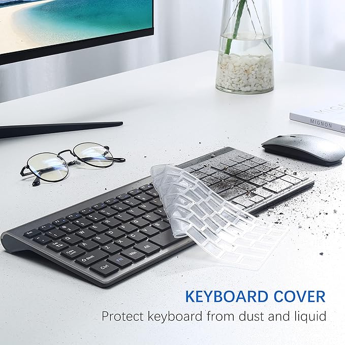 Wireless Keyboard and Mouse Ultra Slim Combo, TopMate 2.4G Silent Compact USB 2400DPI Mouse and Scissor Switch Keyboard Set with Cover, 2 AA and 2 AAA Batteries, for PC/Laptop/Windows/Mac - Gray Black