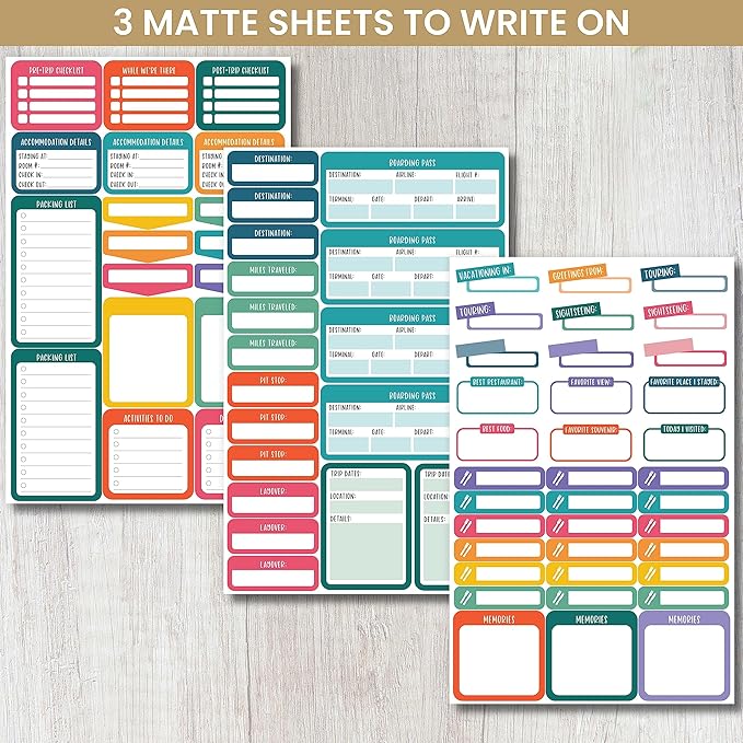 bloom daily planners Travel Planner Stickers - 8 Sheets / 450 Stickers - Adventure Variety Pack for Trip Planning, Scrapbooking, Calendar Decorating, Vacation Journaling - Colorful Icons & Quotes