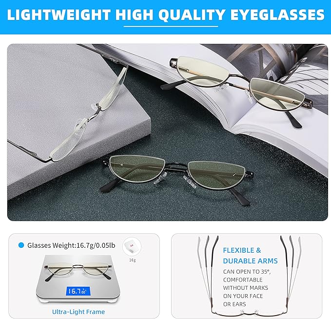 Half Lens Reading Glasses Blue Light Blocking, Half Moon Frame Semi Rim Spring Hinge Readers with Case for Men Women 3 Pack +1.5