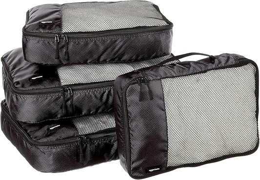 Amazon Essentials 4-Piece Packing Cubes Travel Accessories Set, Luggage Organizer with Double Zipper, Mesh Top, 100% Polyester, 2 Medium/2 Large, Black (Previously Amazon Basics)