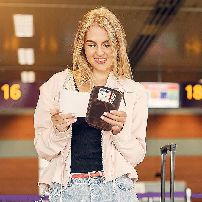 Passport Wallet - Travel Document Holder w/RFID Blocking – Full Grain Leather – Bifold compact zip around Wallet with Credit Card Slots for Women and Men, brown skull,500-31