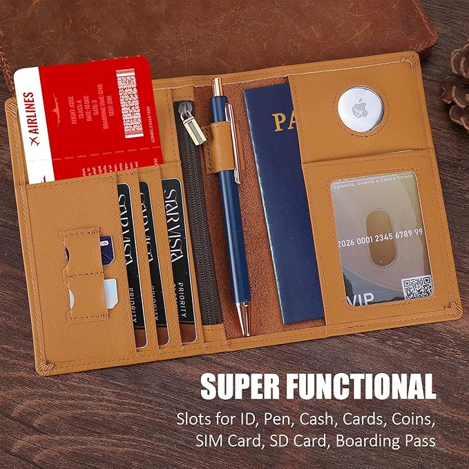 STAR VISTA Phoenix Leather Passport Holder, Calfskin Leather Travel Wallet - RFID Blocking, ID Window, Zipper Pocket, Pen & Notebook Included, AirTag Holder, Honey