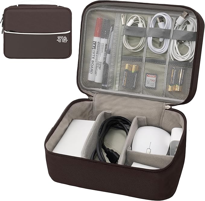 Electronics Organizer,Travel Cord Organizer Pouch, Portable Cable Organizer Bags, Waterproof Electronic Accessories Storage Case for Cables, Cords, Charger, Phone (Double Layer-Brown)