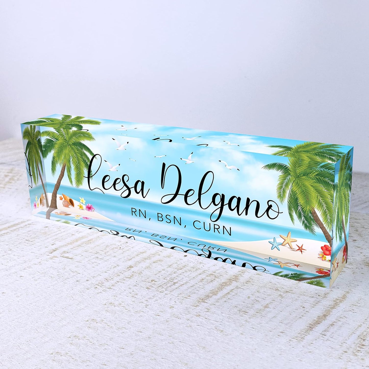 Artblox Office Desk Name Plate Personalized | Custom Name Plates for Desks | Sea Beach Design On Clear Acrylic Glass | Office Desk Decor - (8" x 2.5")