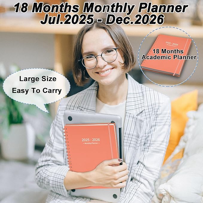 Monthly Planner 2025-2026 (7.4'' x 9.6''), 18 Months Agenda Planner from Jul 2025-Dec 2026, Calendar 2025 with Pocket, 120GSM Paper, Pink