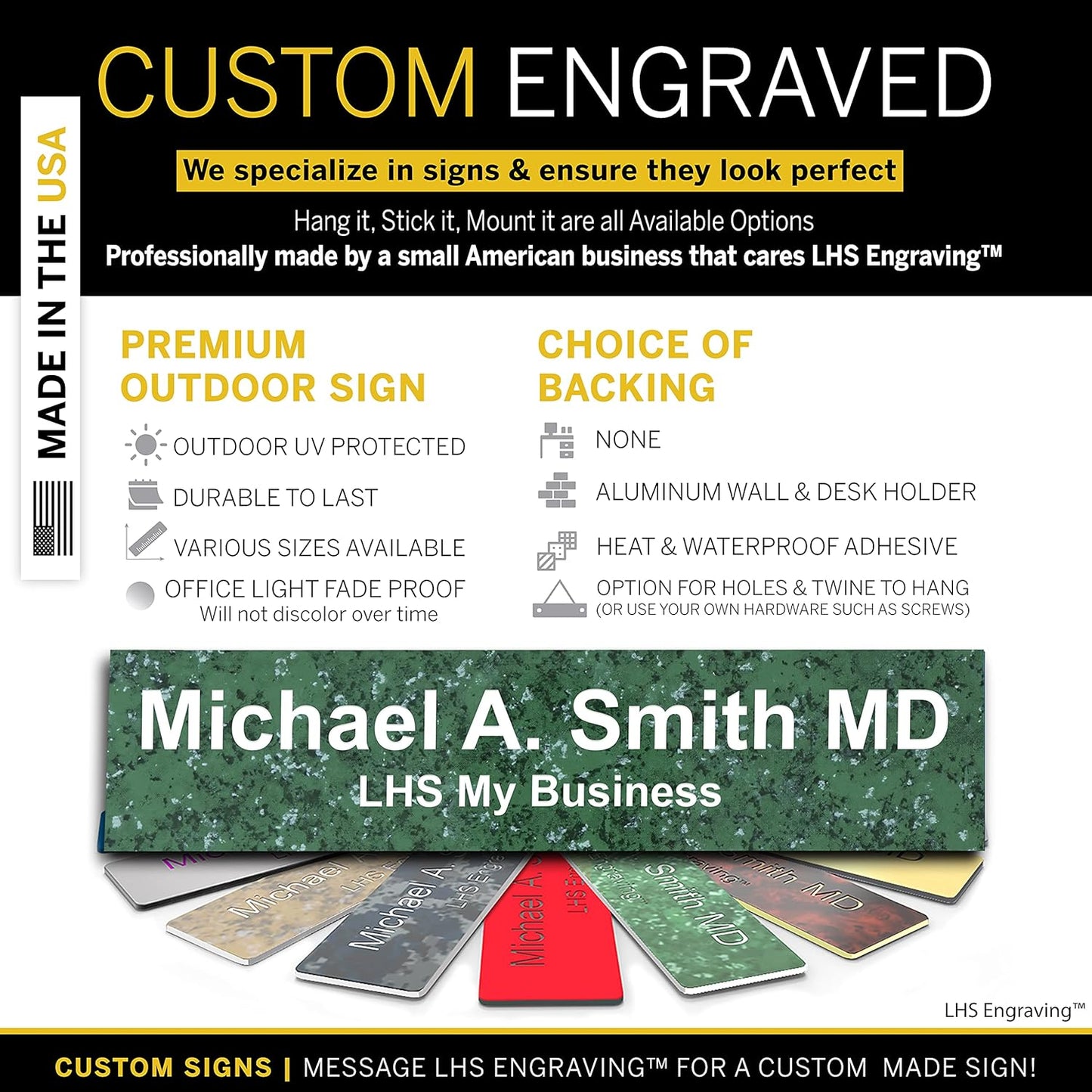 Engraved Name Plates for Door Sign Personalized Green Marble Plastic Plaque with White Letters - Made in USA 2x6 S4