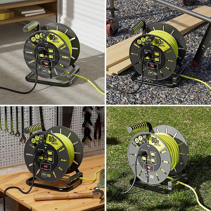 80ft Cord Reel, Retractable Extension Lead with Winding Handle, Safety Overload Circuit Breaker and Power Switch, 4X Grounded Outlets, 13amps, 14AWG Cable
