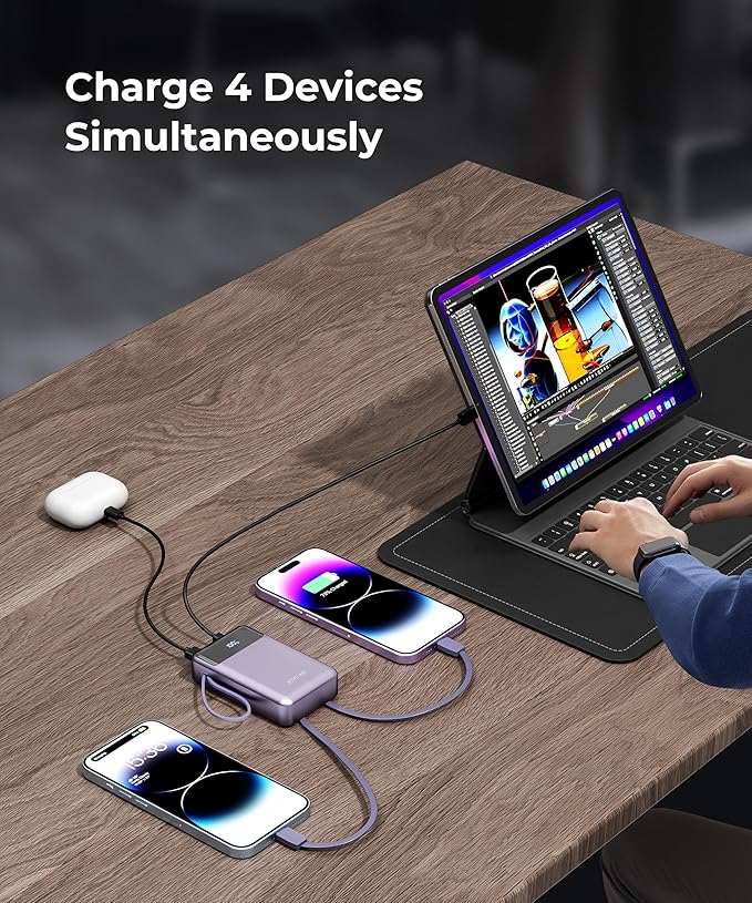 Portable-Charger-Power-Bank Travel Essentials Battery Pack USB C 30000mAh Built in Cable 22.5W Phone Fast Charging Powerbank Compatible with iPhone 16 15 14 13 12 X iPad Samsung Google (Purple)