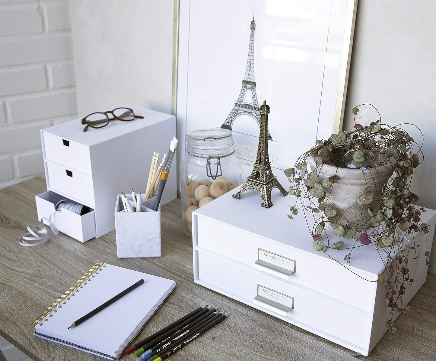 Bigso Box of Sweden Ingrid 3-Drawer Fiberboard Desk Organizer for Office Supplies and Accessories - Stackable Makeup Drawer Organizer - 6.3in x 9.9in x 8.1in - White