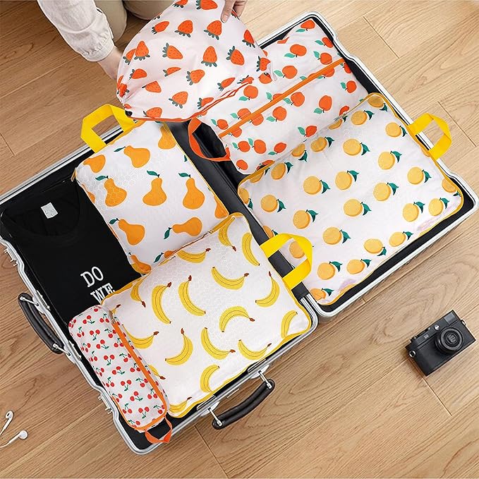 Compression Packing Cubes for Suitcases, 6 Set Cute Fruit Luggage Organizer, Lightweight Waterproof Expandable/Compression Bags Smell Proof Travel Packing Cubes for Suitcases