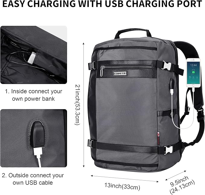 WITZMAN Travel Backpack for Men Women Laptop Backpack with USB Charging Port Carry-on Luggage Flight Approved(B686 Silvery Grey)