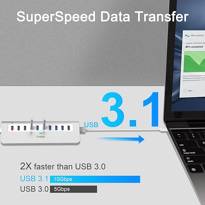 Powered USB Hub 10Gbps, 10 Port USB 3.1 Gen 2 Hub with 7 USB 3.1 Data Ports, 3 Fast Charging Ports, 36W Power Adapter, Type A and Type C Cable, Aluminum USB Data Hub for Mac, PC, Laptop