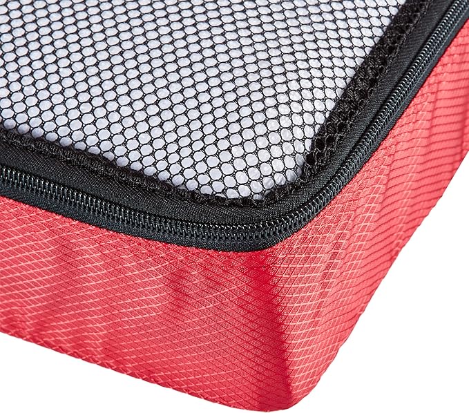 Amazon Essentials 4-Piece Packing Cubes Travel Accessories Set, Luggage Organizer with Double Zipper, Mesh Top, 100% Polyester, Medium, Red (Previously Amazon Basics)