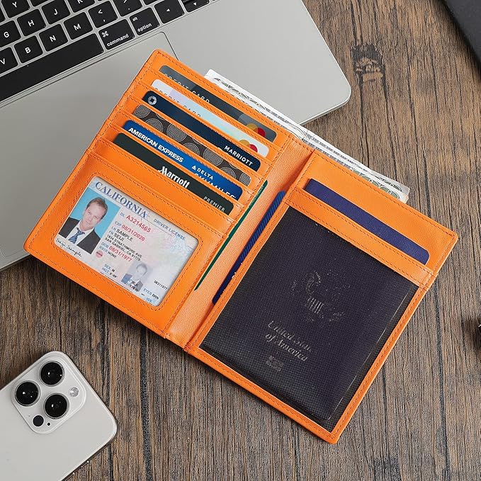 Polare Luxury RFID Blocking Leather Passport Holder Travel Wallet For Men and Women (Black/Brown with AirTag Slot)