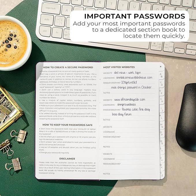 Clever Fox Password Book 2nd Edition – Hardcover Password Keeper with Alphabetical Tabs – Internet Address Notebook & Login Details Organizer Journal – 4.1x7.6” (Purple)