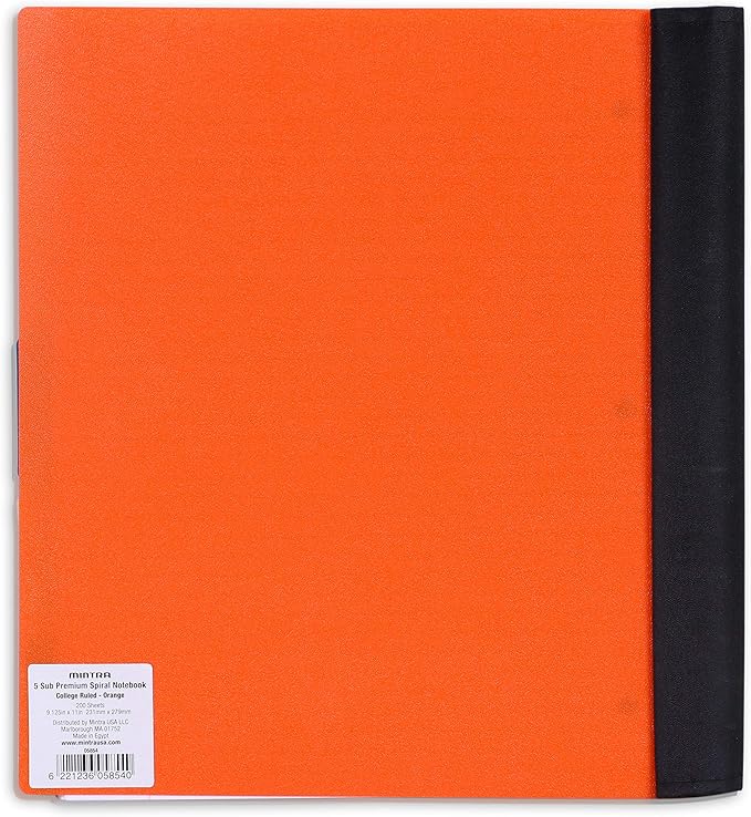 Mintra Office Durable PREMIUM Spiral Notebook, ((Orange, 5 Subject, 8.5in x 11in)), Fabric Covered Coils, No Snags, Removable Adjustable Pocket Dividers, Ruler, Organization, Customizable