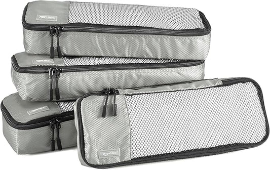 Amazon Essentials 4-Piece Packing Cubes Travel Accessories Set, Luggage Organizer with Double Zipper, Mesh Top, 100% Polyester, Slim, Gray (Previously Amazon Basics)