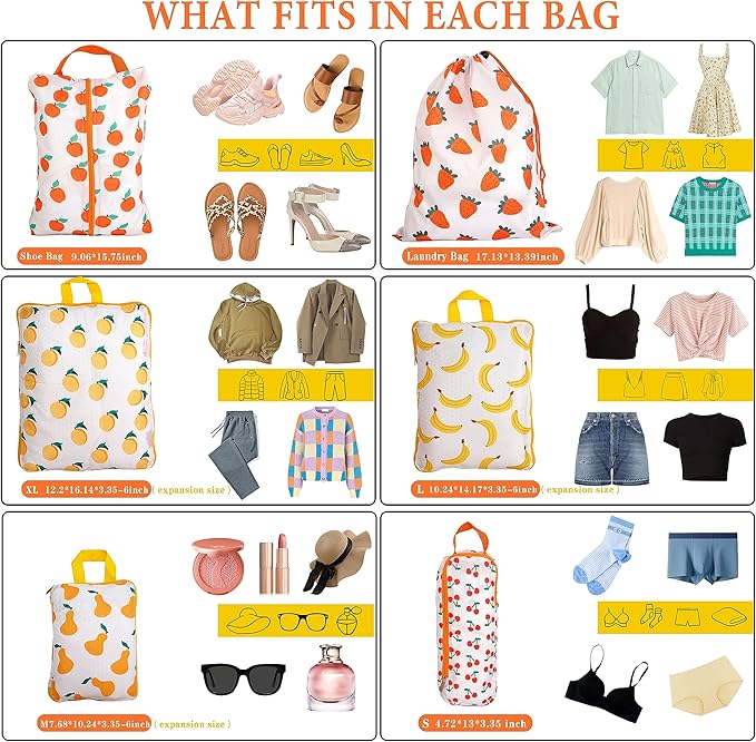 Compression Packing Cubes for Suitcases, 6 Set Cute Fruit Luggage Organizer, Lightweight Waterproof Expandable/Compression Bags Smell Proof Travel Packing Cubes for Suitcases