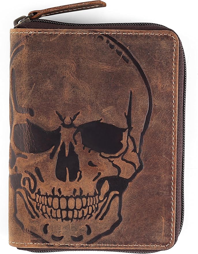 Passport Wallet - Travel Document Holder w/RFID Blocking – Full Grain Leather – Bifold compact zip around Wallet with Credit Card Slots for Women and Men, brown skull,500-31