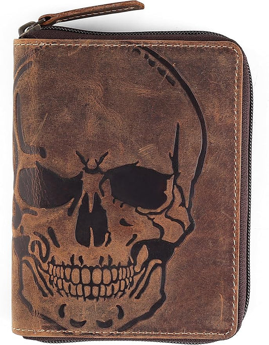 Passport Wallet - Travel Document Holder w/RFID Blocking – Full Grain Leather – Bifold compact zip around Wallet with Credit Card Slots for Women and Men, brown skull,500-31