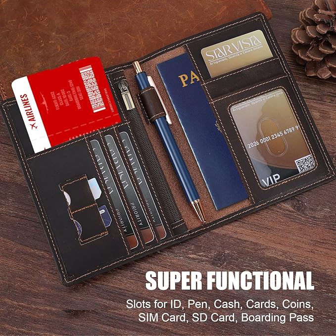 STAR VISTA Phoenix Leather Passport Holder, Full Grain Cowhide Travel Wallet - RFID Blocking, ID Window, Zipper Pocket, Pen & Notebook Included, Dark Chocolate