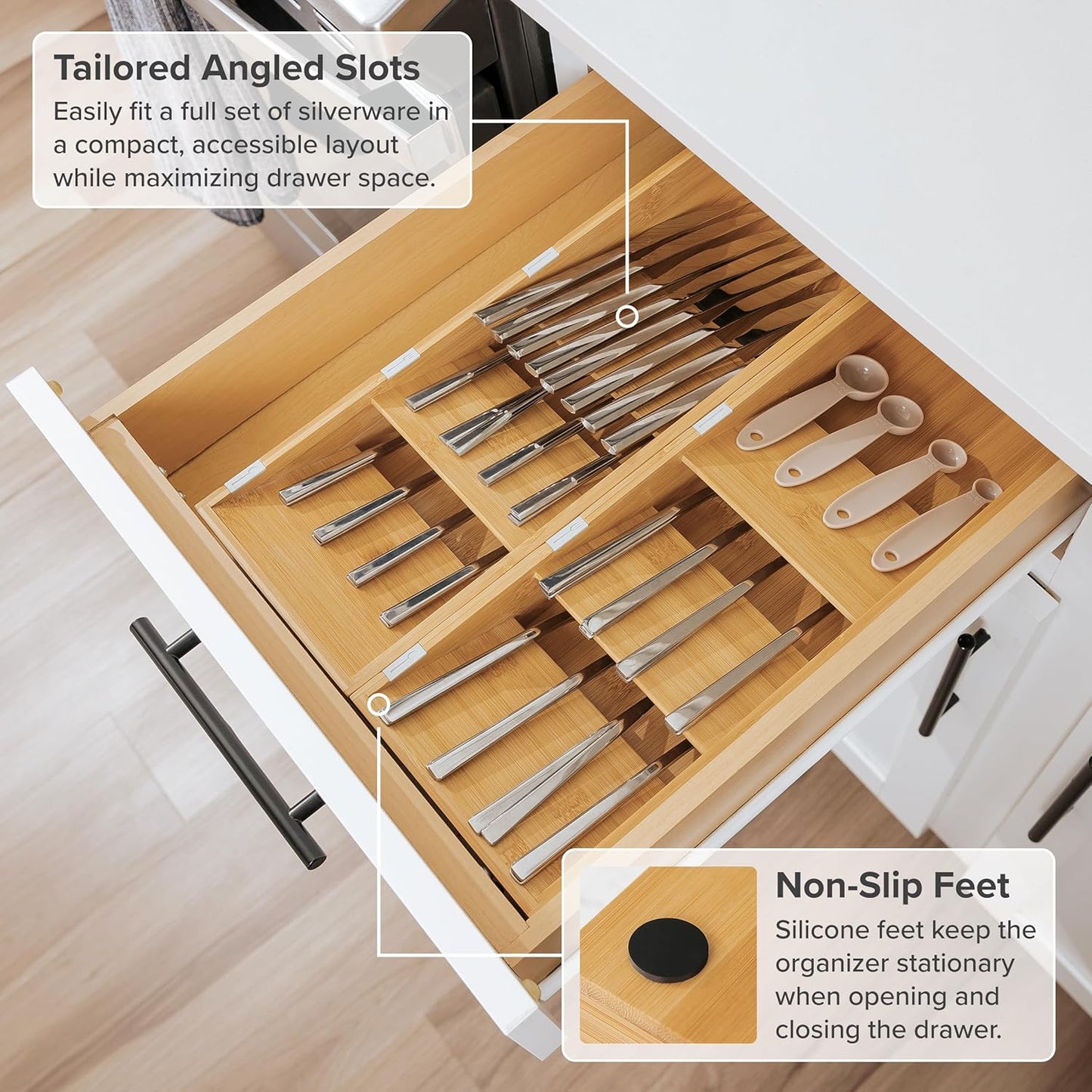 Premium Cutlery, Flatware, and Silverware Drawer Organizer – Slanted 3-Compartment Design with Labeled Slots, Non-Slip Feet, 100% Sustainable Bamboo, 2 Pack