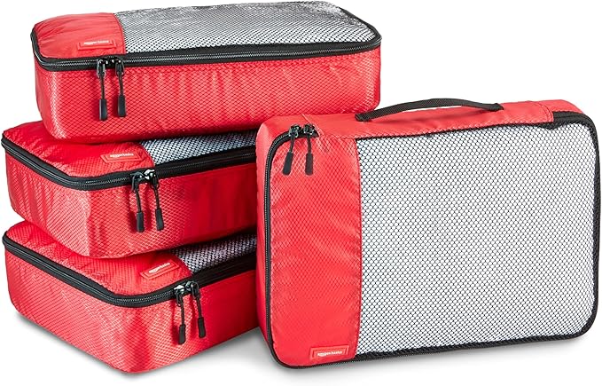 Amazon Essentials 4-Piece Packing Cubes Travel Accessories Set, Luggage Organizer with Double Zipper, Mesh Top, 100% Polyester, Medium, Red (Previously Amazon Basics)
